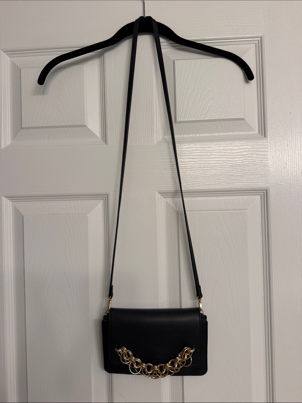 Chloe Black Leather Crossbody with Gold Chain Accent